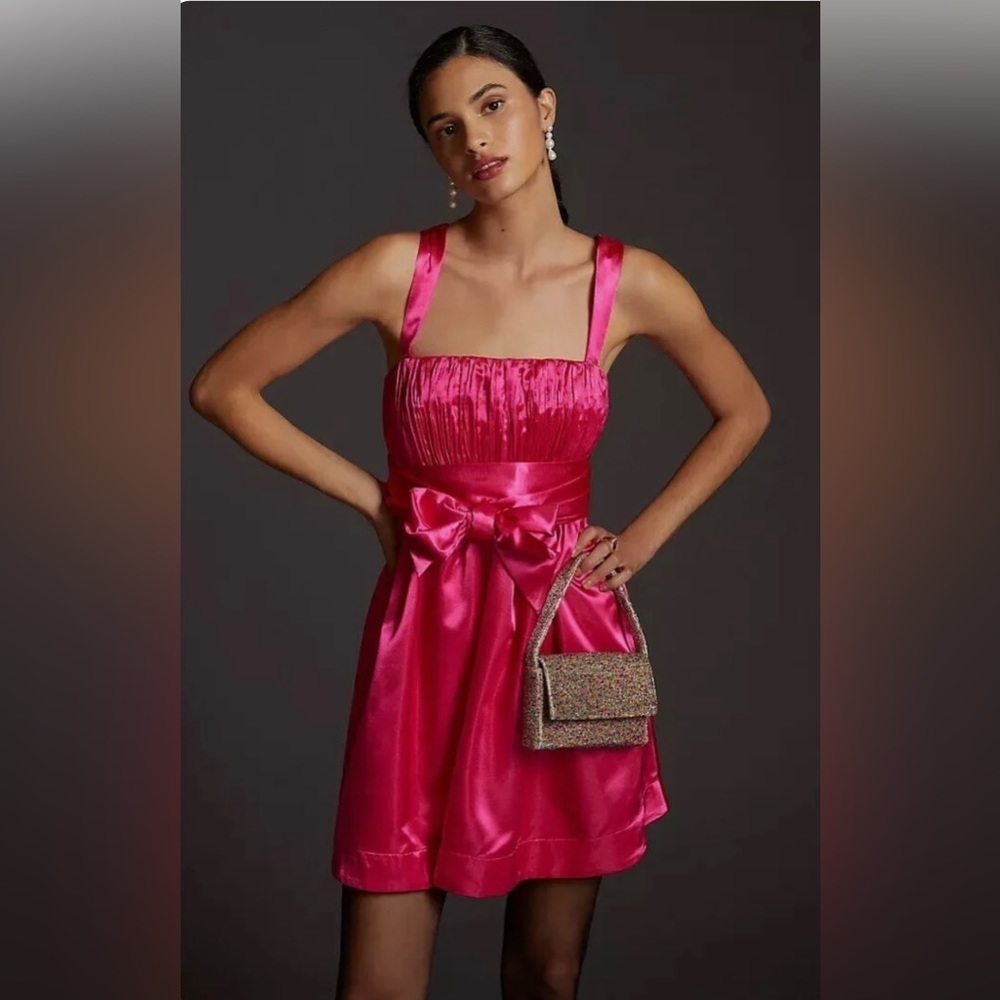 Anthropologie Maeve Hot Pink Bow Tie Satin Mini
Dress